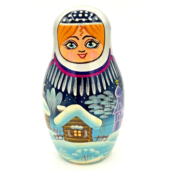 Matryoshka Russian Winter Village Nesting Dolls 9 Piece Vintage Wood Handpainted - Picture 15 of 16